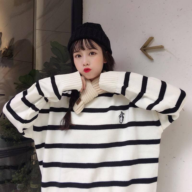 Pofulove Autumn Winter Striped Sweater Women's Korean Loose Round Neck Pullover Embroidery Sweater