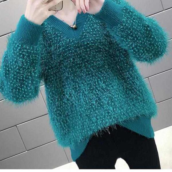 Korean Version of The Autumn and Winter Style Furry Bright Silk Sweater Women Loose Lazy Student Short V-neck Sweater All-match