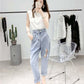 WTEMPO Pants Women's Hole Society Loose Light Color Beggar Harem Pants Korean High Waist Cropped Jeans