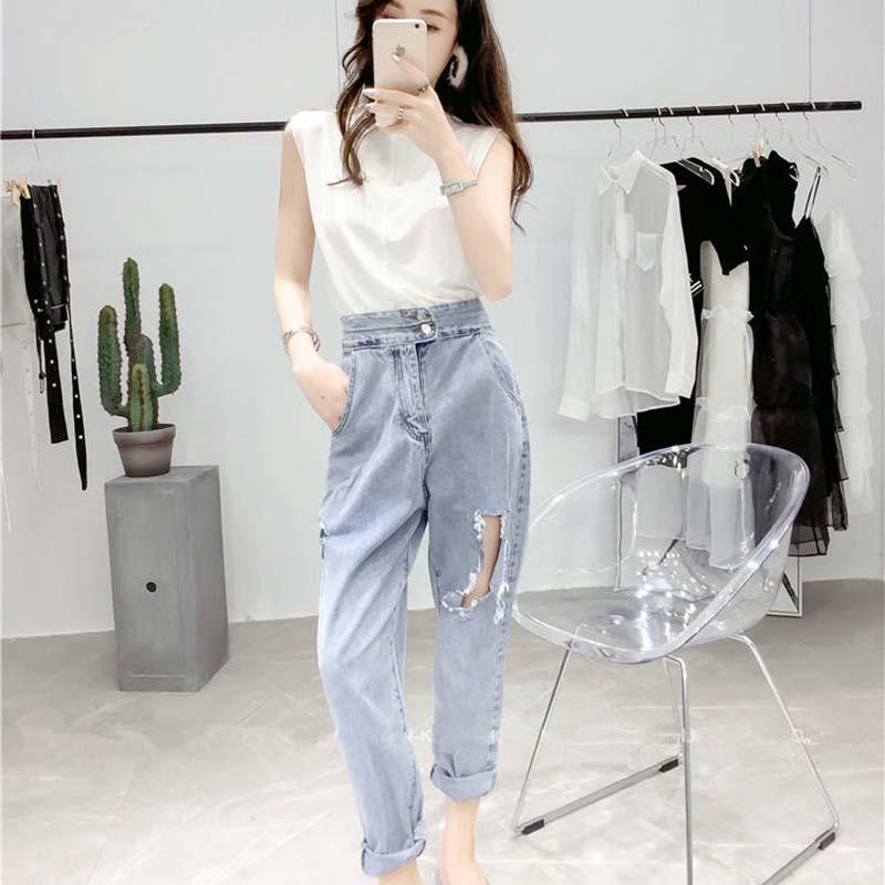 WTEMPO Pants Women's Hole Society Loose Light Color Beggar Harem Pants Korean High Waist Cropped Jeans