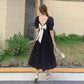 Women's Summer Long Dress Square Neck Slim Puff Sleeve Solid Color Skirt
