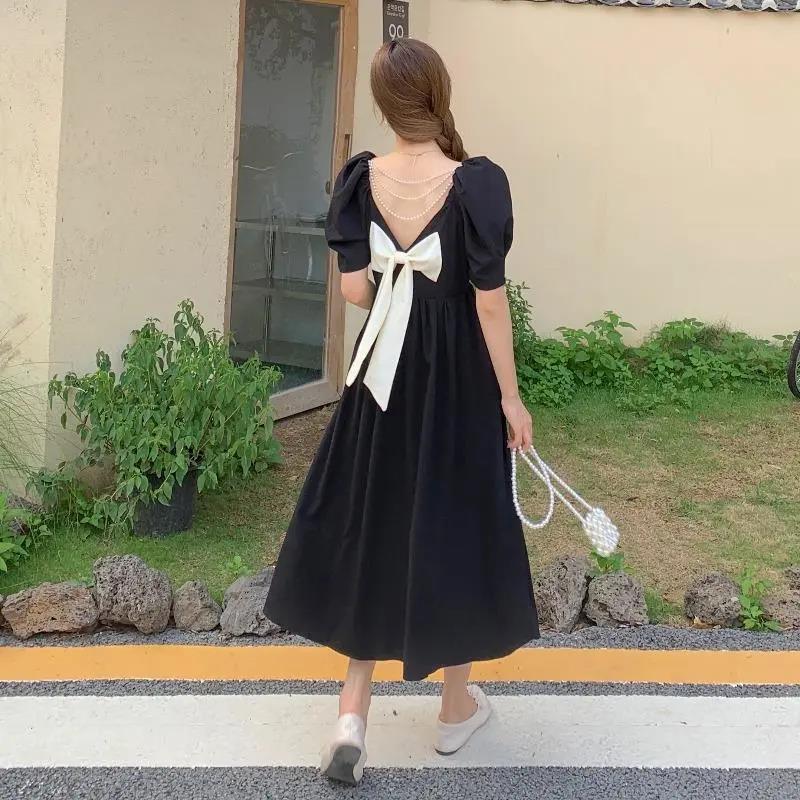 Women's Summer Long Dress Square Neck Slim Puff Sleeve Solid Color Skirt