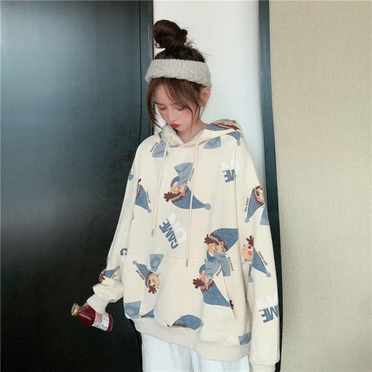 Cartoon Print Hoodie Women's Hooded Oversized Pullover Harajuku Warm Kawaii Women's Loose Street Sweatshirt