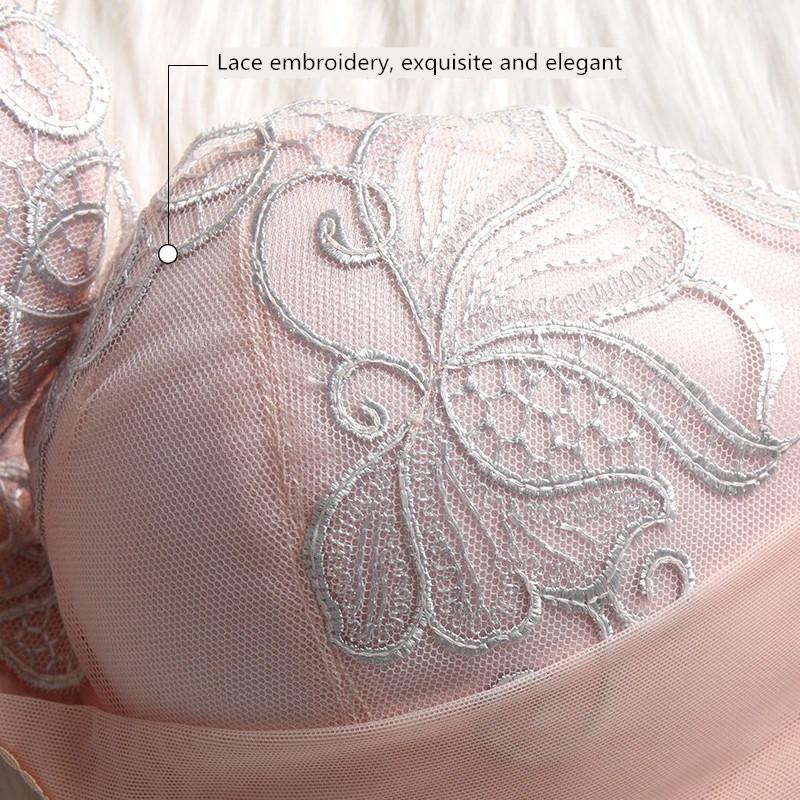 Women's Adjustable Underwear Exquisite Embroidery Sexy Lace Mesh Comfortable Cotton Solid Gathering Thick Padded Cup Bra Female Adjustable Brassiere