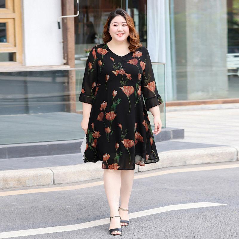 Women's Summer Dress  Chiffon Veil V-Round Neck Printing Large Size Over The Knee