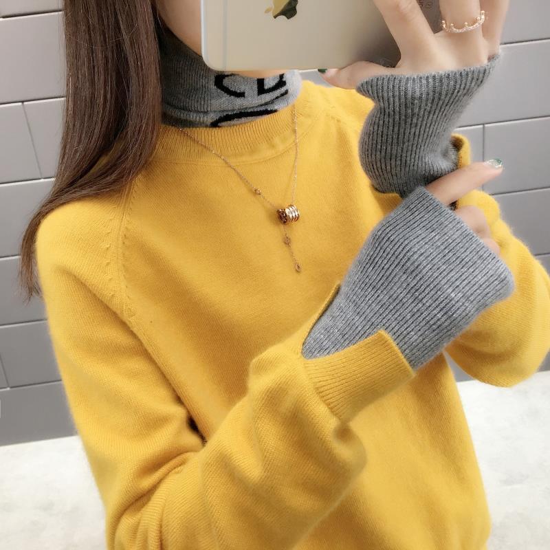 Pofulove Sweater Women Turtleneck Loose Fashion Autumn Winter Base Shirt Fake Two-piece Jacket Knit