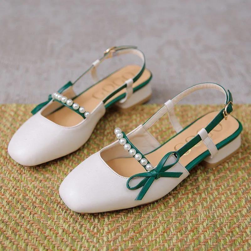 Fairy Style French Single Shoes Women Summer Mid-heel Thick-heeled Small Leather Shoes with Skirt One-word Buckle Sandals
