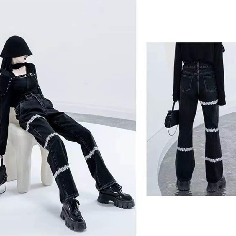 Design Sexy Small Print Straight Jeans Female Retro High Waist Slim Easing Loose Wrapping Leg Pants Tide