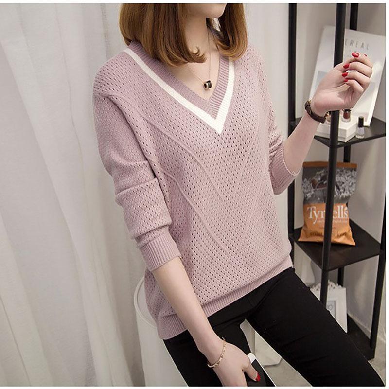 Winter Women Sweater Long Sleeve Solid Color Cutout Casual Pullover Loose V Collar  Ladies Sweater