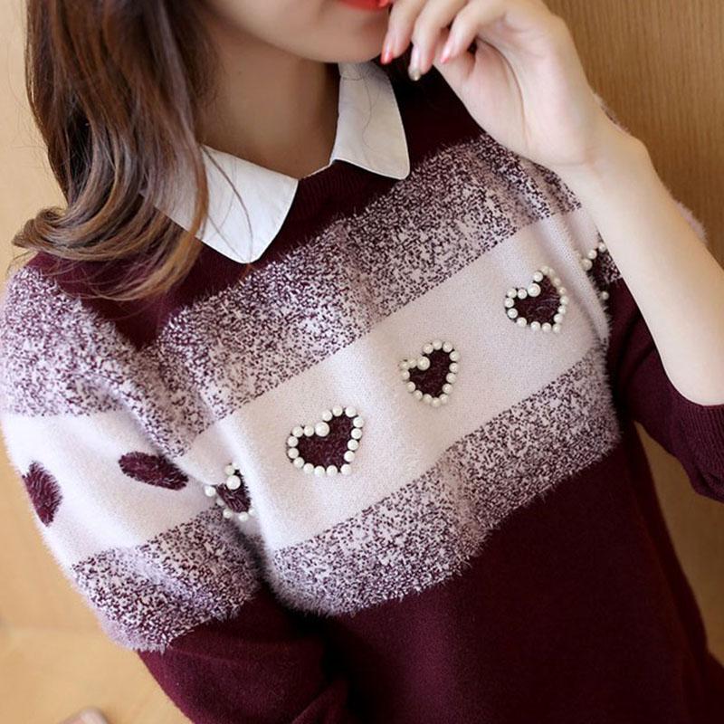 Autumn Winter Korean  Short Pullover Sweater Lapel Loose Sweater Coat Sweet Beaded Fake Two pieces Sweaters for Students Office Ladies