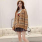 Women Vintage Printed Checked Sweater Cardigan with Pockets Outerwear Casual Thick Knitted Jacket Coat