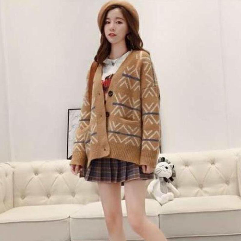 Women Vintage Printed Checked Sweater Cardigan with Pockets Outerwear Casual Thick Knitted Jacket Coat