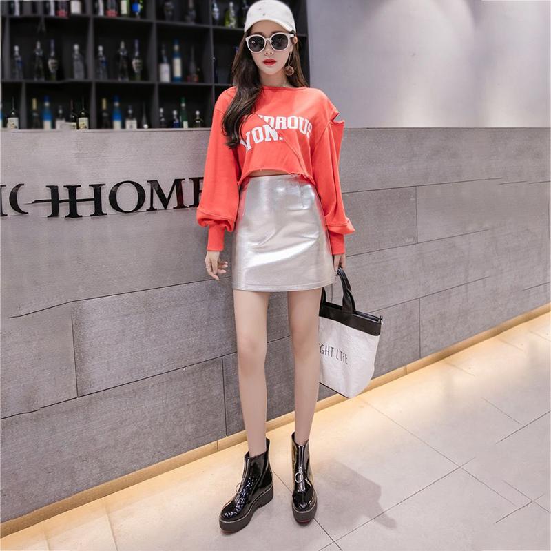 S-XXL Leather Skirt Women's Sexy PU Leather Glossy Zipper Split Mini Skirt Mid Waist A-line Skirts
