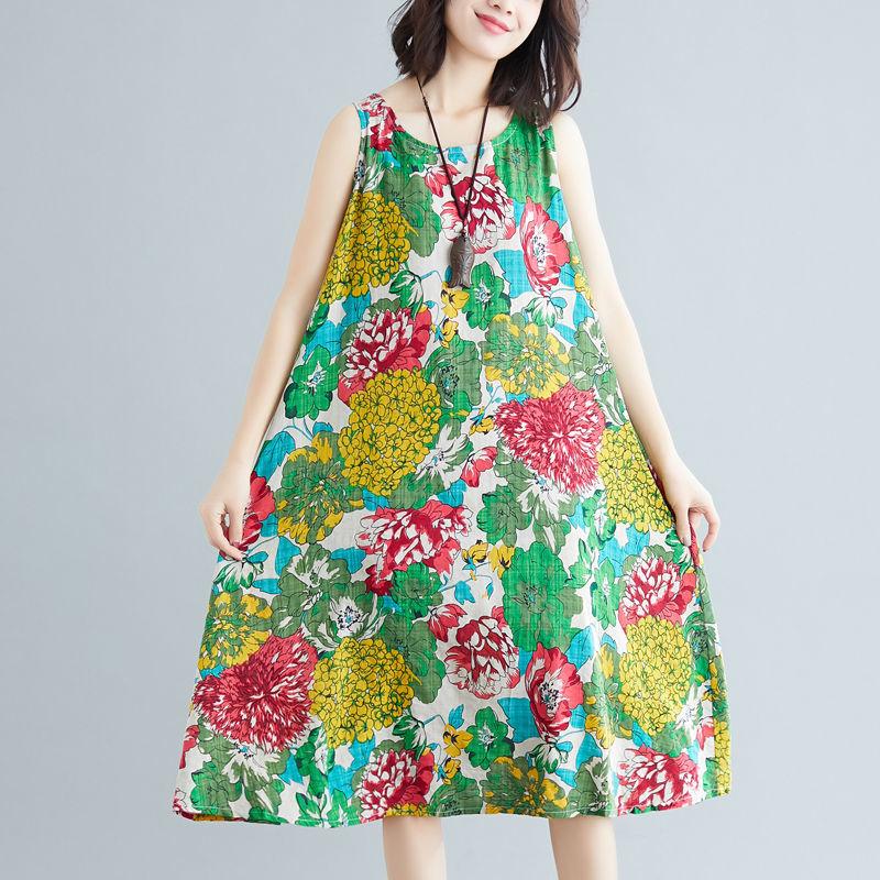 Summer Ethnic Print Dress Round Neck Cotton and Linen Sleeveless Loose Mid-length Vest Skirt Daily Thin