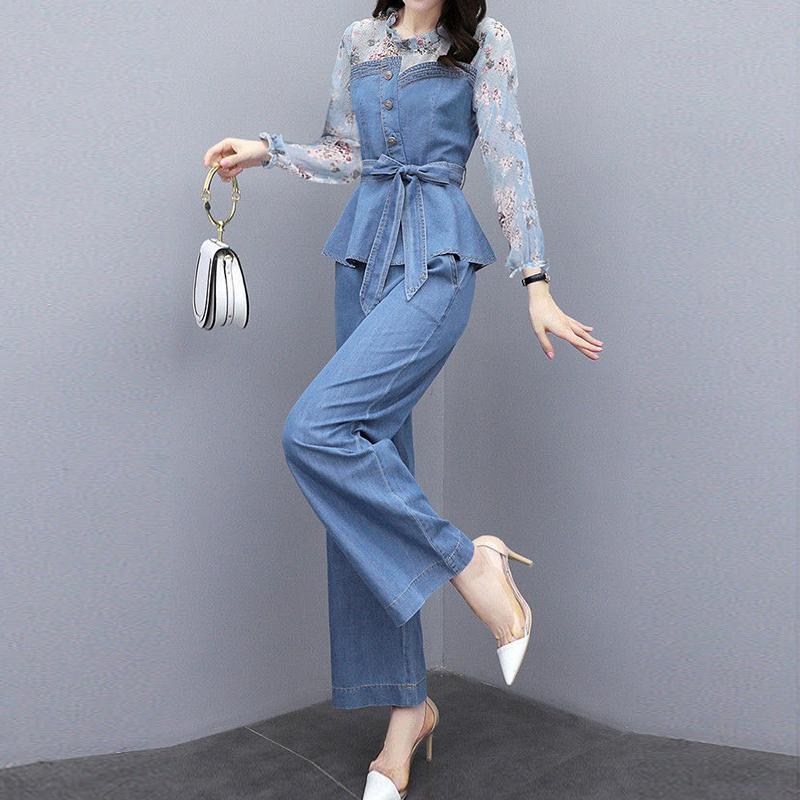 Suit Denim Wide Leg Pants Suit Women Autumn Two-piece Autumn 2021