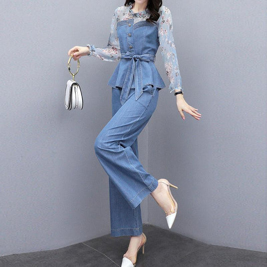 Suit Denim Wide Leg Pants Suit Women Autumn Two-piece Autumn 2021