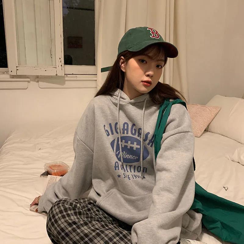 Autumn and Winter Women's Hooded Hoodie Korean Loose Large Size Plus Velvet Thick Letter Coat