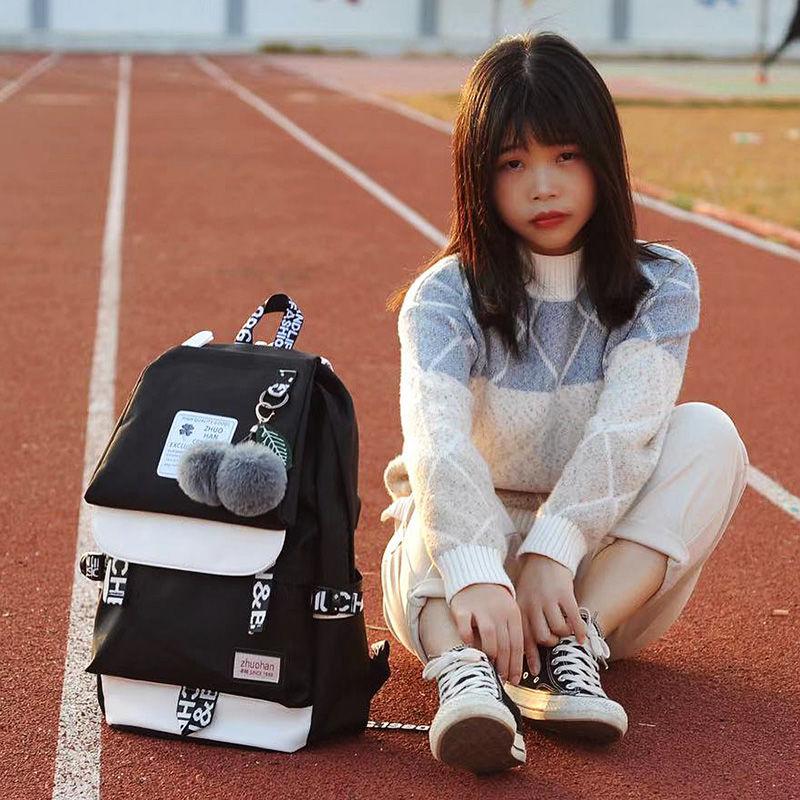 Junior High School Students Black Simple Backpack Female Net Red Schoolbag Large Capacity Korean Campus Student Backpack