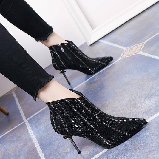 Booties Female Pointed Bare Boots Rhinestone Color Matching High Heel Martin Boots Banquet Shoes