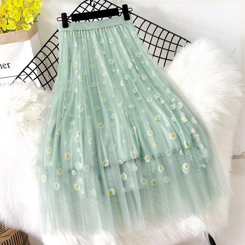 Woman Mesh Fairy Skirt Small Daisy Flower Print High Waist Slim A-line Skirt 3 Layers Medium Length Pleated Skirt