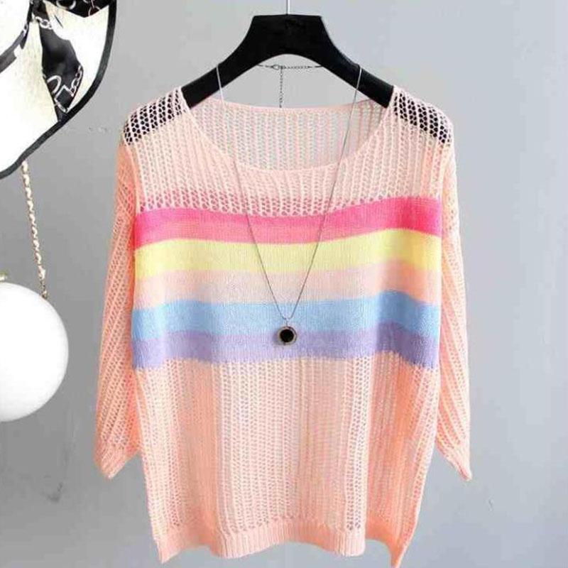 Women's Spring Summer Loose Thin Pullover Sweater Female Chic Contrast Color Striped Hollow Knitted Sunscreen Blouse Tops