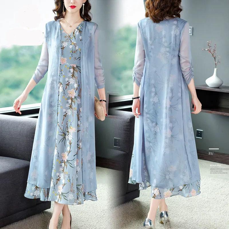 Chiffon Dress Tulle Long Cardigan Two-piece Set Women's Summer Sleeveless Floral Priting Dress+Sunscreen Thin Coat Elegant Anti-UV Sun Dress Suit