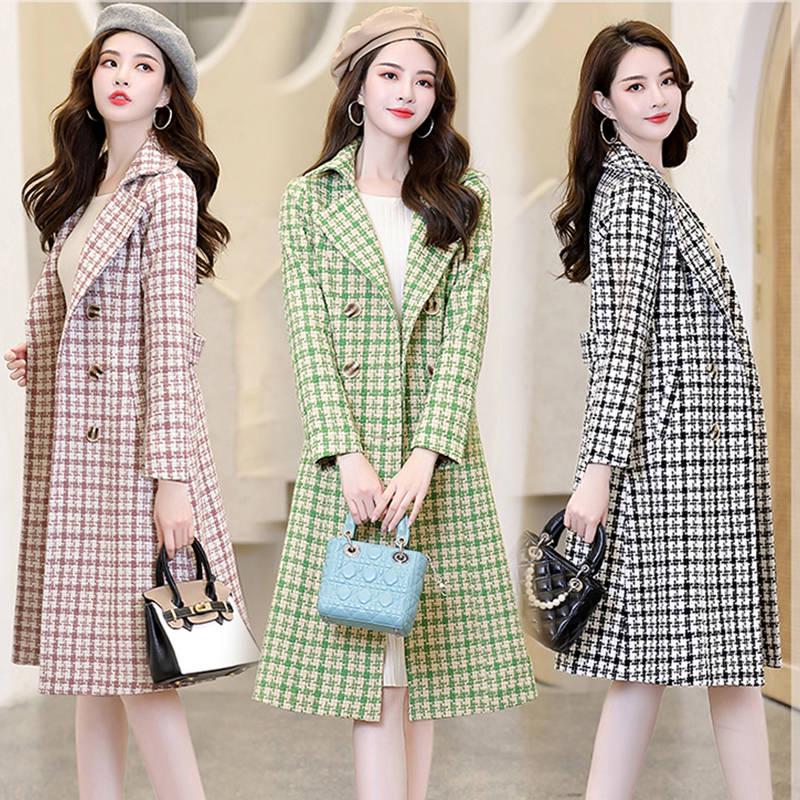 Winter Trench Jacket Women Casual Plaid Coat Warm Button Pocket Jackets Women Wool Overcoat