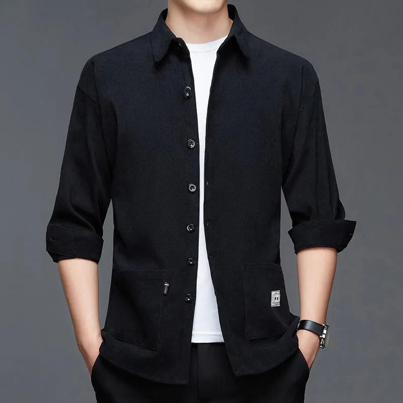 Spring and Autumn Corduroy Long Sleeve Shirt Jacket Casual Loose Shoulder Free Ironing Solid Color Real Pocket Men's Top