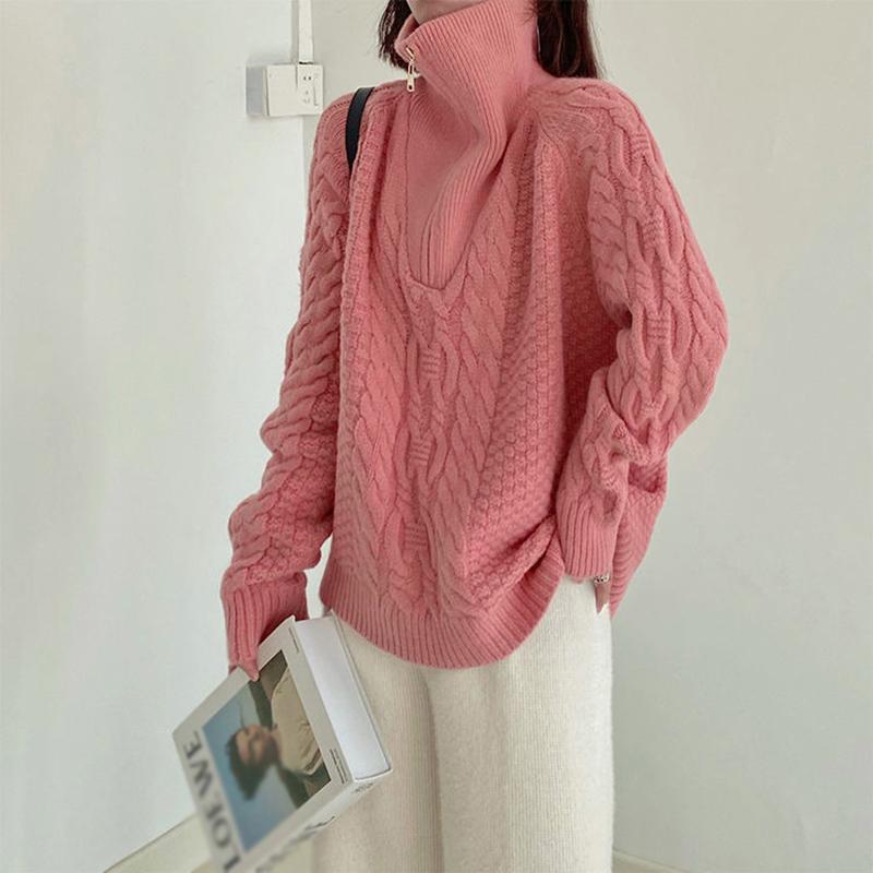 Retro Twist Zipper High Neck Pullover Sweater Women Loose Long-sleeved Lapel Cropped Top Autumn Winter