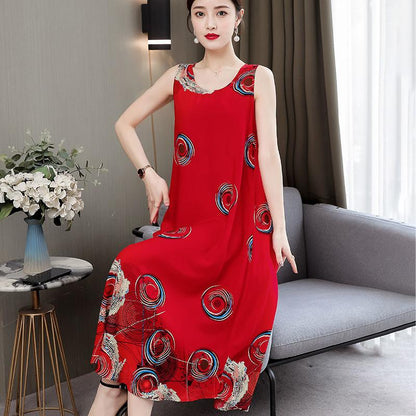 Large Size XL-XXXXXL Women Summer Cotton Silk Dress Sleeveless Vest Skirt Loose Printing Home Night Skirt Beach Skirt