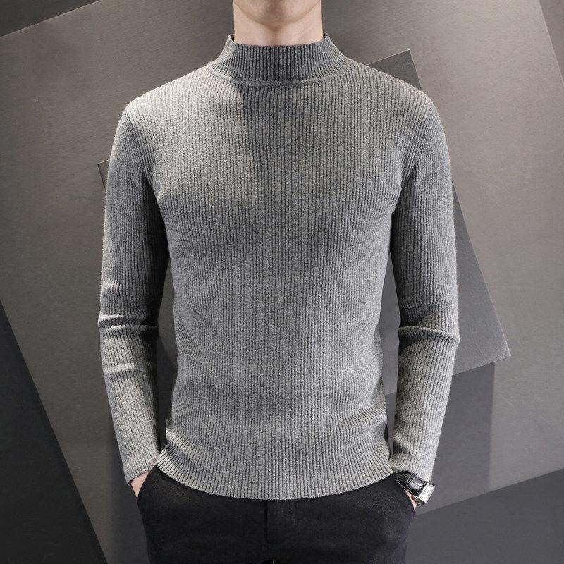 Men's Half Turtleneck Sweater Men's Thick Autumn and Winter Slim Sweater Korean Casual Pullover Mid-neck Knitted Bottoming Shirt