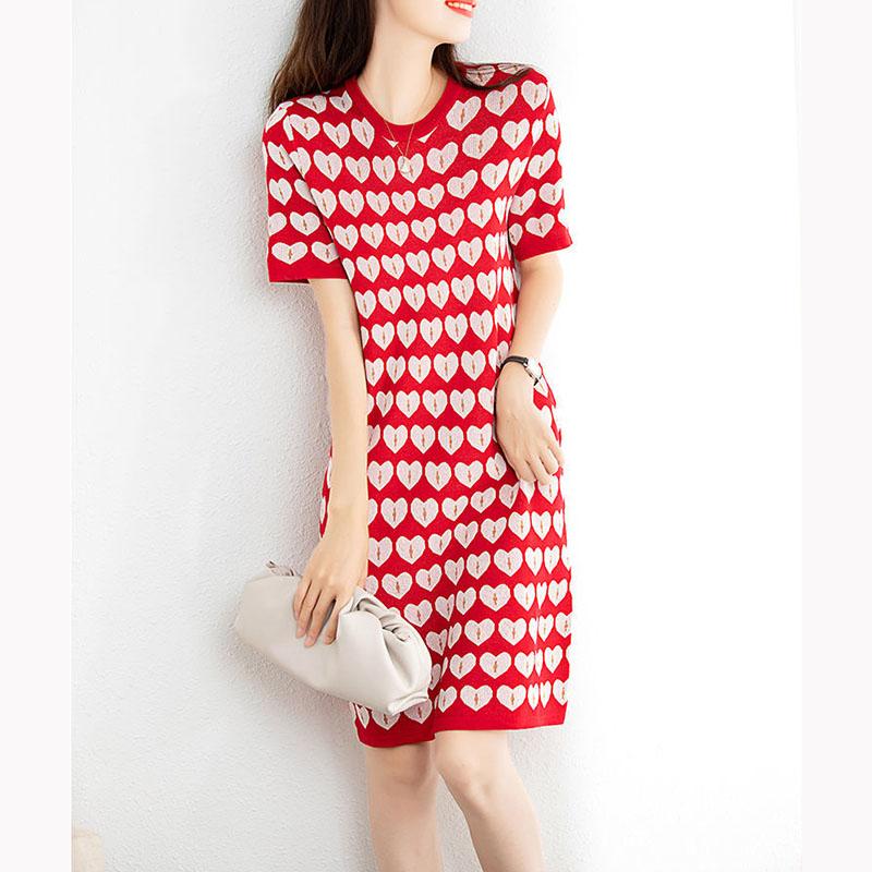 Round Neck Heart Pattern Short-sleeved Dress Drape Thin Temperament Elegant Straight Skirt Women's Summer Loose and Thin Printed Dress