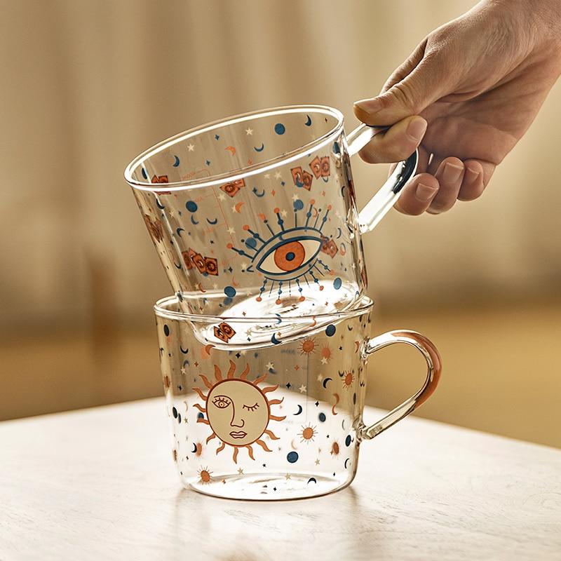 500ml Creative Scale Glass Mug Breakfast Milk Coffe Cup Household Couple Water Cup Sun Eye Pattern Drinkware
