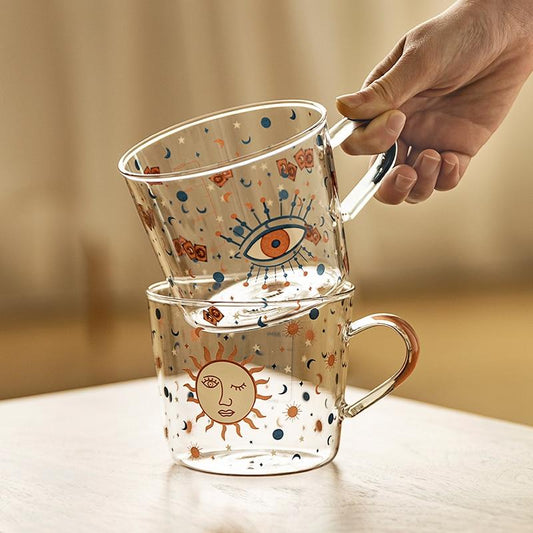 500ml Creative Scale Glass Mug Breakfast Milk Coffe Cup Household Couple Water Cup Sun Eye Pattern Drinkware
