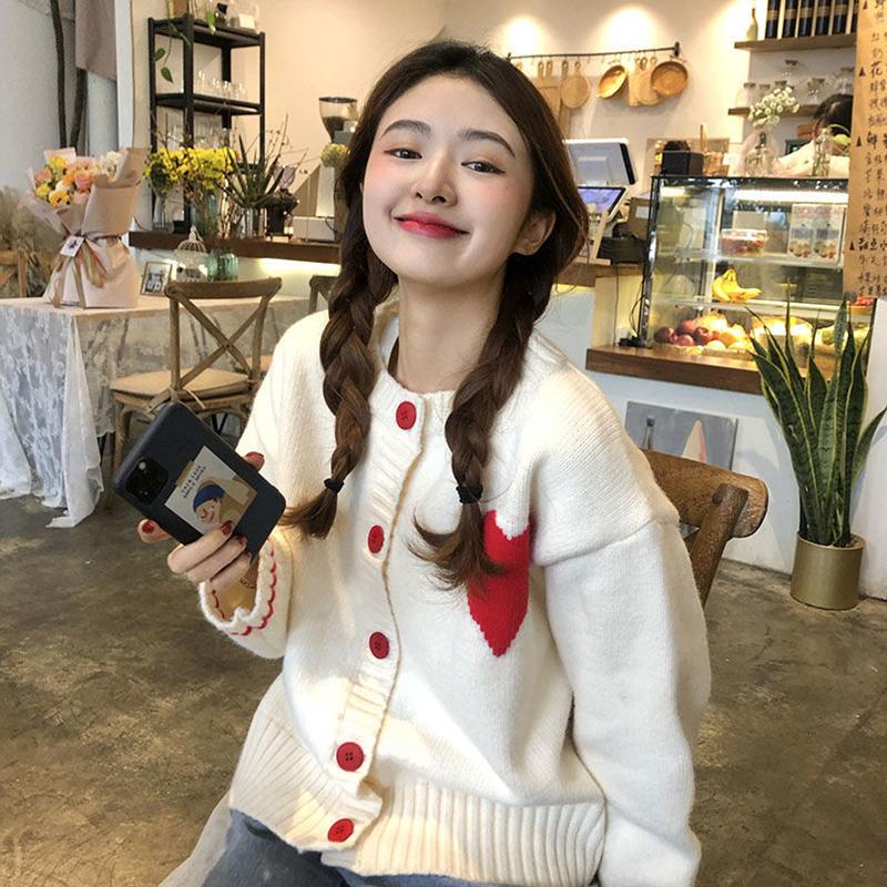 White Knit Cardigan Sweater Girl Student Korean Style Loose Cute Lazy New Round Neck Western-style Love Jacket