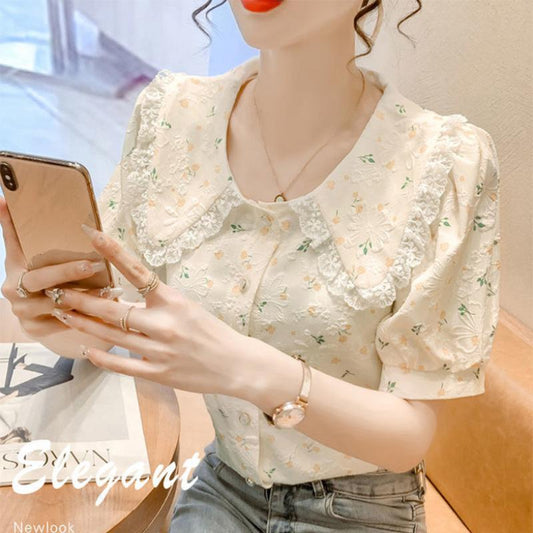 Floral Bubble Short-sleeved Top Design Sense Niche French Sweet Doll Collar Top Women