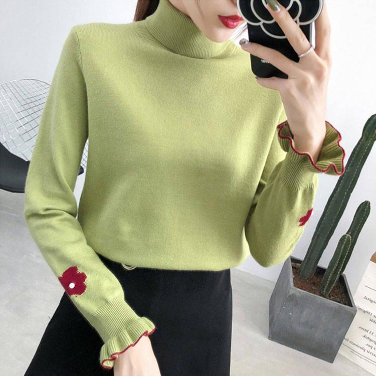 PofuLove Knitted Top Winter Pullover Turtleneck Sweater Coat Floral Embroidered Sweater