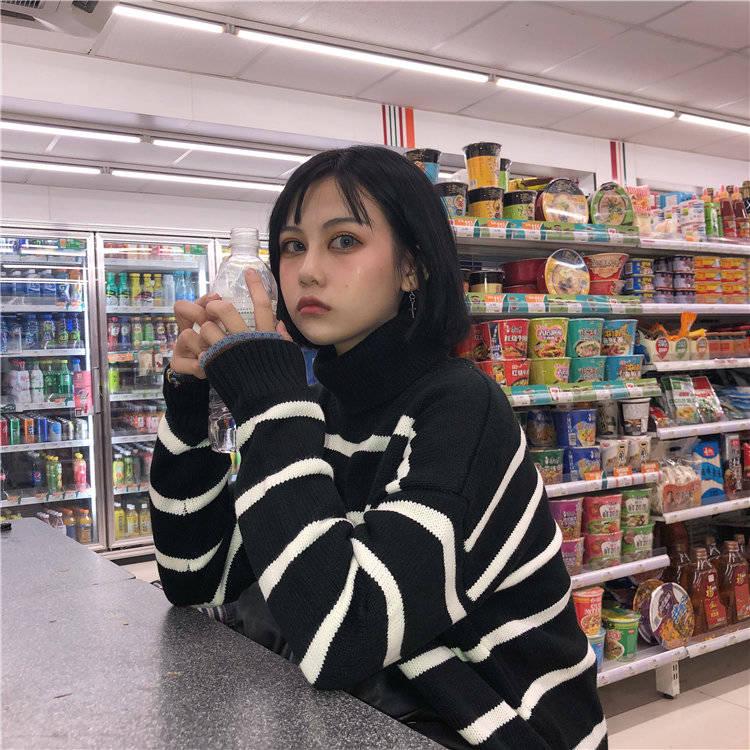 Pofulove Striped Embroidered Turtleneck Women's ulzzang Students Loose Contrast Color Sweater Coat