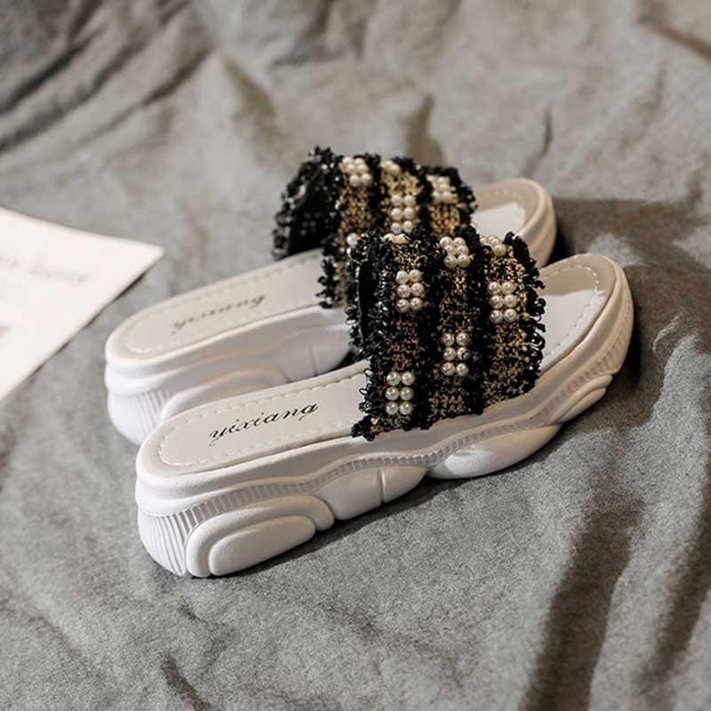 35-40 Summer Women All-match Shiny Slippers Outdoor Pearl High Heels Sandals Bohemian Beach Wear-resistant Non-slip Slippers Wedge Platform Sandals
