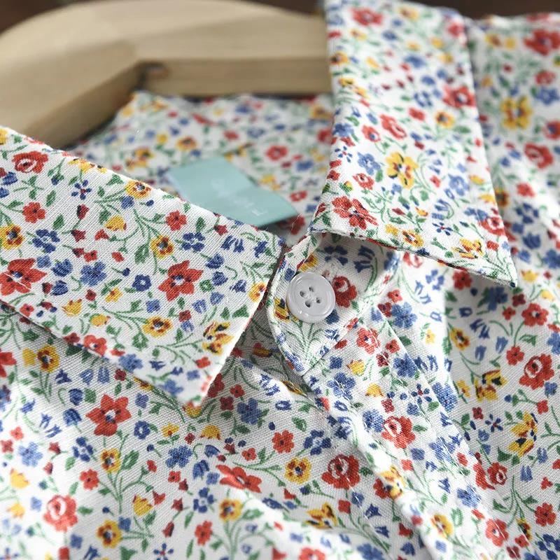 Retro Pastoral Style Printed Linen Long-sleeved Shirt Men's Loose Youth and Thin Fashion Floral Cotton and Linen Shirt