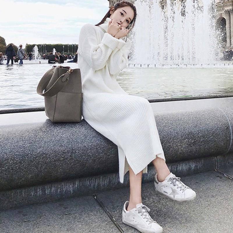 Women Knitted Sweater Pullovers Turtleneck Dress Long Slim Elastic Long Sweater Dress Female Jumper