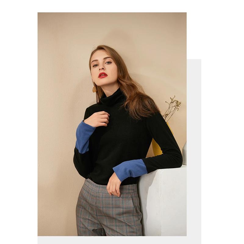 Women's High Neck Knitted Shirt Skin-friendly Breathable Stitching Color Bottoming Shirt Pull Over High Collar Loose Fit Long Sleeves T-shirt Basic