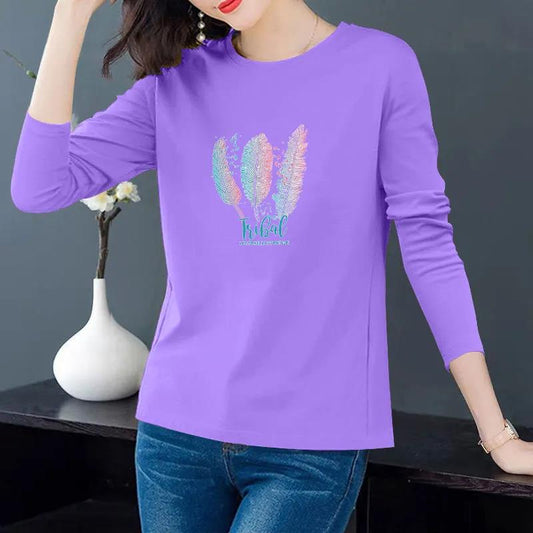 Cotton Spring and Autumn Korean Style Long-sleeved T-shirt Women Loose Plus Size Women's Round Neck Top