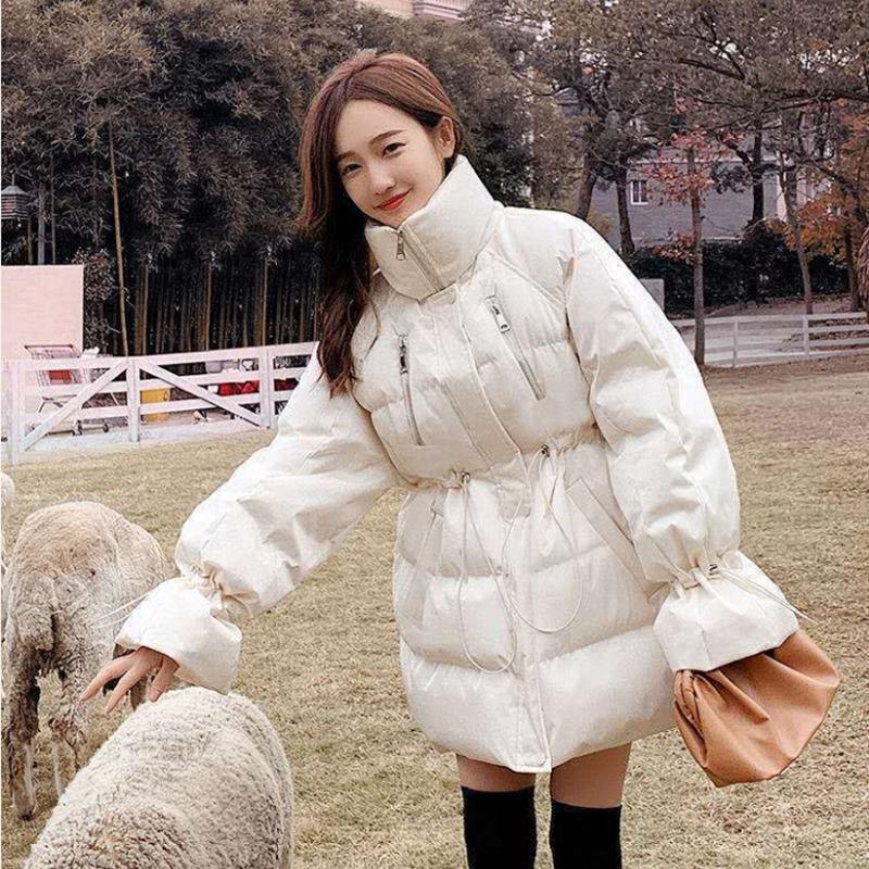 Women's Shiny Mid-length Down Jacket Winter Korean Style Loose Coat Quilted Jacket Warm Stand-collar Down Jacket