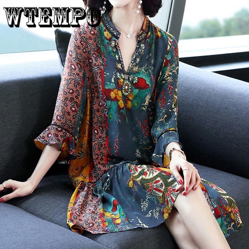 Springsummer New V -Collar Temperament Bohemian Dress Silk Printing Long Beach Dresses