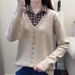Autumn/Winter Korean Patchwork Pullover Loose Lapel Sweater Female Fake Two Piece Pullover Knitted Sweater Top