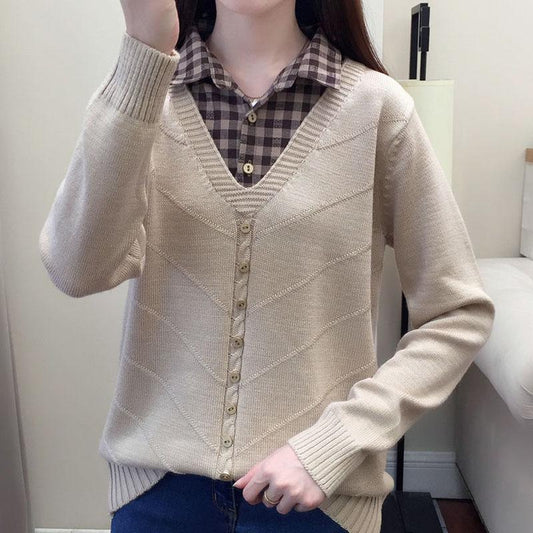 Autumn/Winter Korean Patchwork Pullover Loose Lapel Sweater Female Fake Two Piece Pullover Knitted Sweater Top