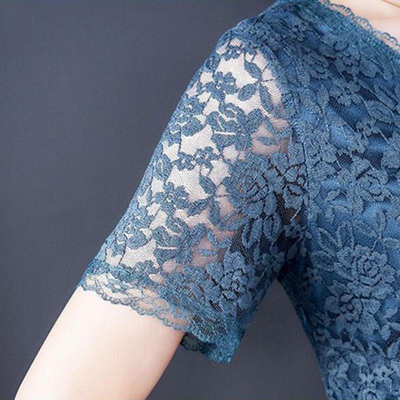 Women's Summer Short Sleeve Midi Dress Lace Loose Round Neck A-Line Skirt