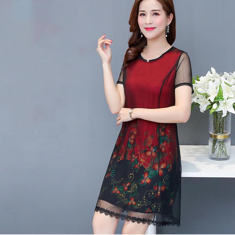 XL-XXXXXL Mid-length Plus Size Printed Over-the-knee Dress Round Thin Chiffon Neck Short Sleeve Mom A-line Skirt
