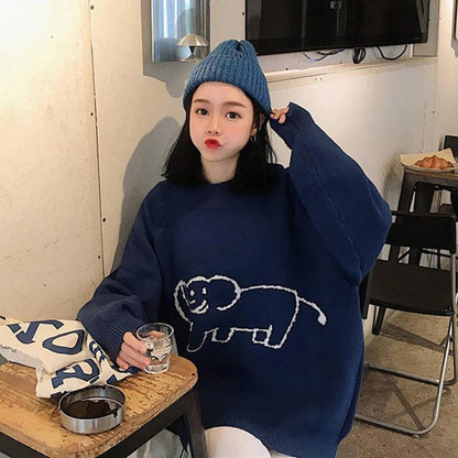 Pofulove Autumn Winter Round Neck Sweater female Loose Wild  Cartoon Pattern Knitted Thin Sweater